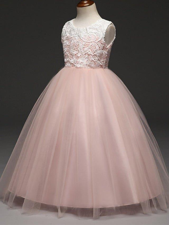Ball Gown Lace Tulle Sleeveless Jewel Neck Wedding Party Flower Girl Dresses - photo 4