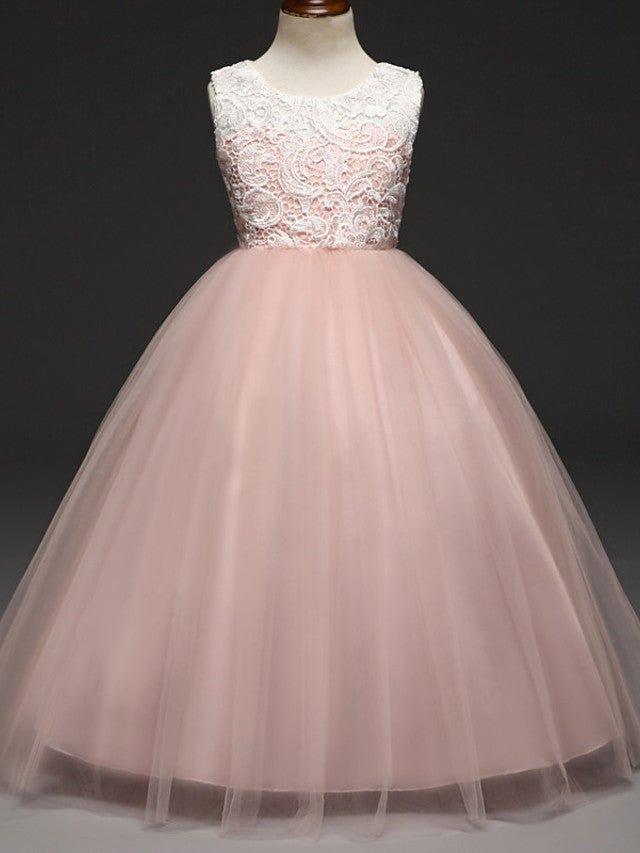 Ball Gown Lace Tulle Sleeveless Jewel Neck Wedding Party Flower Girl Dresses - photo 1