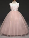 Ball Gown Lace Tulle Sleeveless Jewel Neck Wedding Party Flower Girl Dresses - photo 1