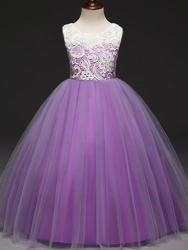 Ball Gown Lace Tulle Sleeveless Jewel Neck Wedding Party Flower Girl Dresses - photo 5