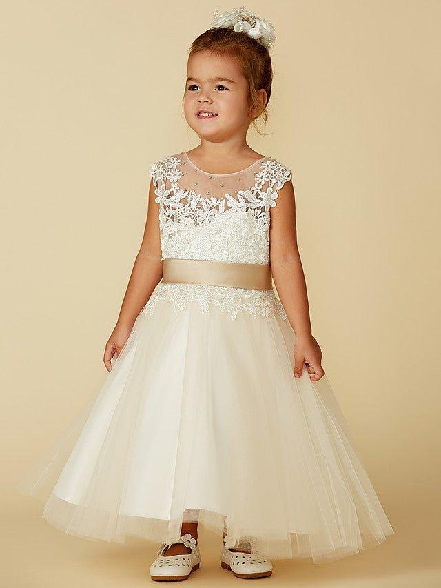 Ball Gown Lace Tulle Sleeveless Jewel Neck Wedding Party Pageant Flower Girl… - photo 1