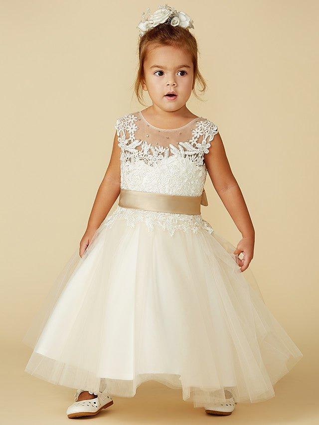 Ball Gown Lace Tulle Sleeveless Jewel Neck Wedding Party Pageant Flower Girl… - photo 4