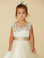 Ball Gown Lace Tulle Sleeveless Jewel Neck Wedding Party Pageant Flower Girl… - photo 6