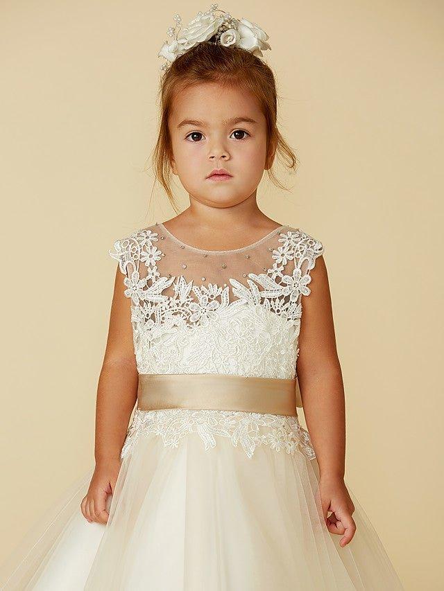 Ball Gown Lace Tulle Sleeveless Jewel Neck Wedding Party Pageant Flower Girl… - photo 6