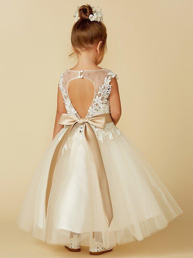 Ball Gown Lace Tulle Sleeveless Jewel Neck Wedding Party Pageant Flower Girl… - photo 2