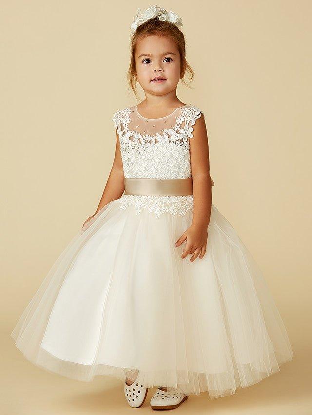 Ball Gown Lace Tulle Sleeveless Jewel Neck Wedding Party Pageant Flower Girl… - photo 3