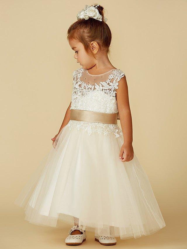 Ball Gown Lace Tulle Sleeveless Jewel Neck Wedding Party Pageant Flower Girl… - photo 5