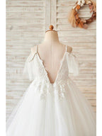 Ball Gown Lace Tulle Sleeveless V Neck Wedding Birthday Flower Girl Dresses - photo 4