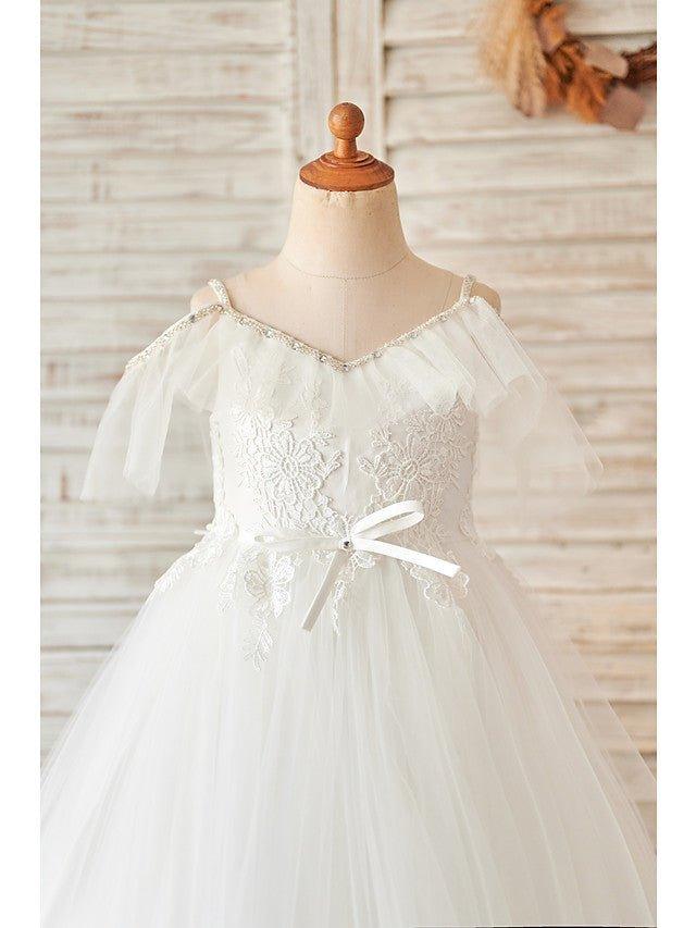 Ball Gown Lace Tulle Sleeveless V Neck Wedding Birthday Flower Girl Dresses - photo 3