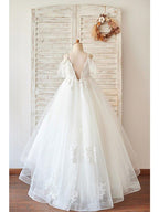 Ball Gown Lace Tulle Sleeveless V Neck Wedding Birthday Flower Girl Dresses - photo 2