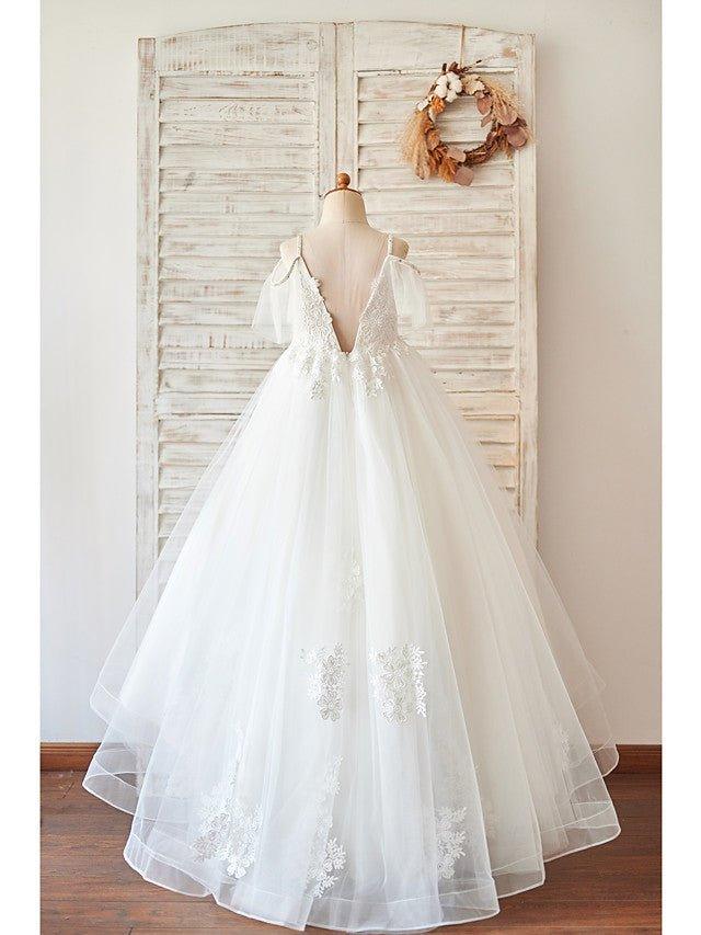Ball Gown Lace Tulle Sleeveless V Neck Wedding Birthday Flower Girl Dresses - photo 2