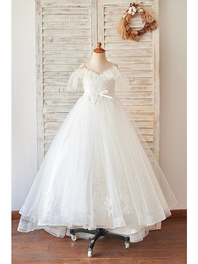 Ball Gown Lace Tulle Sleeveless V Neck Wedding Birthday Flower Girl Dresses - photo 1