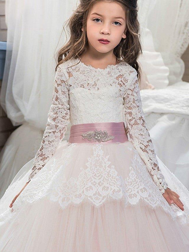 Ball Gown Lace Tulle Sweep Brush Train Wedding Birthday Pageant Flower Girl D… - photo 2