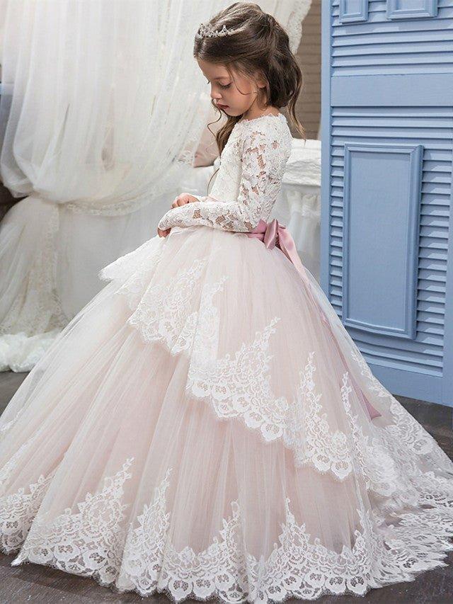 Ball Gown Lace Tulle Sweep Brush Train Wedding Birthday Pageant Flower Girl D… - photo 3
