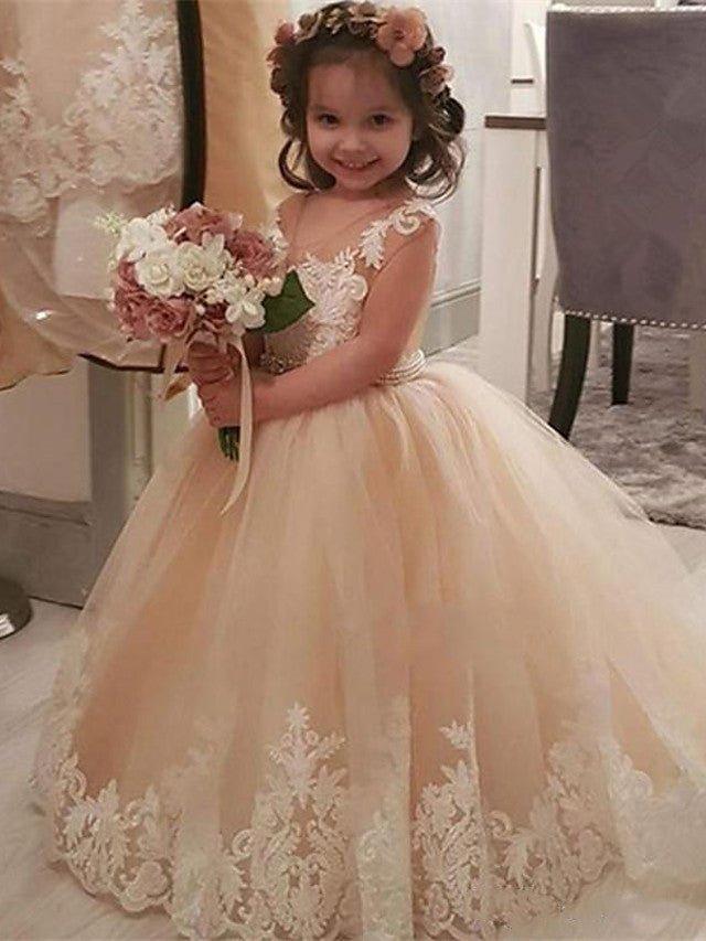 Ball Gown Lace Tulle Sweep Brush Train Wedding Party Flower Girl Dresses - photo 1