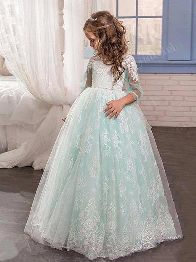 Ball Gown Lace Tulle Sweep Brush Train Wedding Party Flower Girl Dresses with… - photo 1