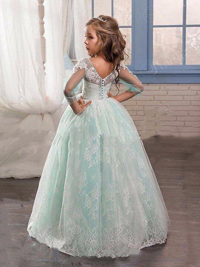 Ball Gown Lace Tulle Sweep Brush Train Wedding Party Flower Girl Dresses with… - photo 2