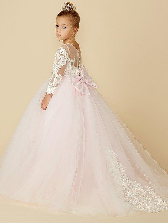 Ball Gown Lace Tulle Wedding Party Pageant Flower Girl Dresses with Sleeves - photo 4