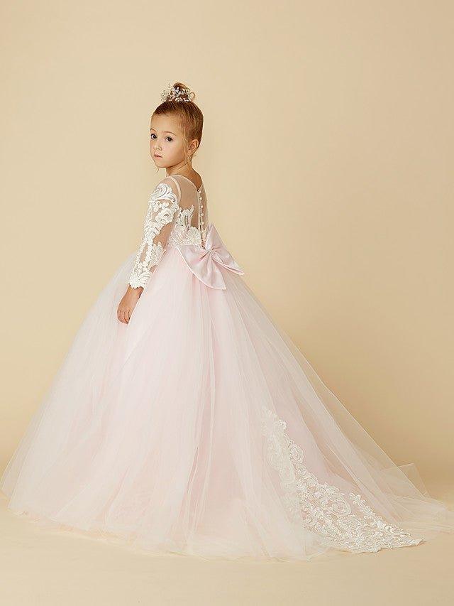 Ball Gown Lace Tulle Wedding Party Pageant Flower Girl Dresses with Sleeves - photo 2