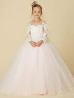 Ball Gown Lace Tulle Wedding Party Pageant Flower Girl Dresses with Sleeves - photo 5