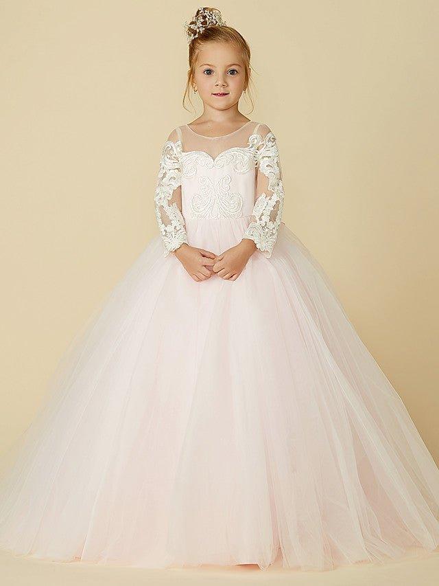 Ball Gown Lace Tulle Wedding Party Pageant Flower Girl Dresses with Sleeves - photo 5