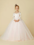 Ball Gown Lace Tulle Wedding Party Pageant Flower Girl Dresses with Sleeves - photo 1