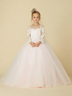 Ball Gown Lace Tulle Wedding Party Pageant Flower Girl Dresses with Sleeves - photo 1