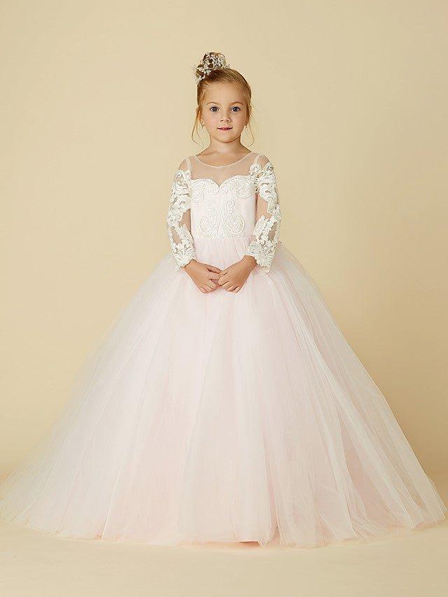 Ball Gown Lace Tulle Wedding Party Pageant Flower Girl Dresses with Sleeves - photo 1