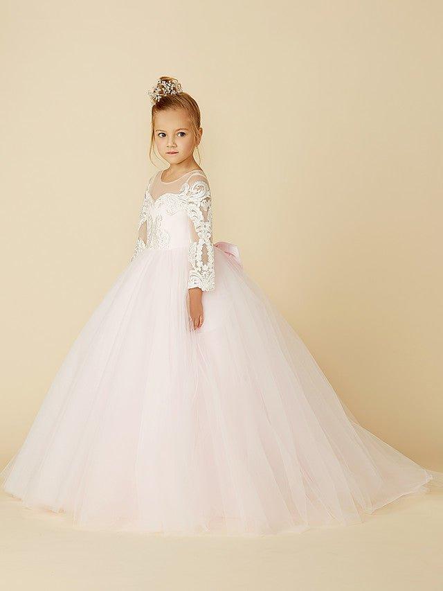 Ball Gown Lace Tulle Wedding Party Pageant Flower Girl Dresses with Sleeves - photo 3