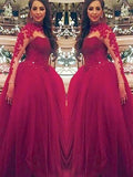 Ball Gown Long Sleeves High Neck Applique Floor-Length Tulle Prom Dresses by misshow.com