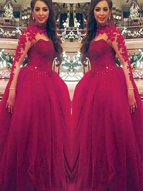 Ball Gown Long Sleeves High Neck Applique Floor-Length Tulle Prom Dresses by misshow.com