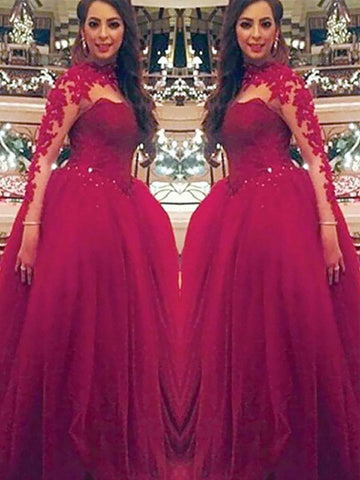 Ballkleid Lange Ärmel Stehkragen Applikation Bodenlang Tüll Ballkleider