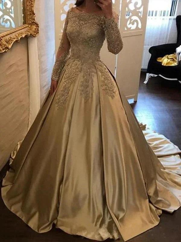 Ball Gown Long Sleeves Off-the-Shoulder Applique Satin Prom Dresses by misshow.com