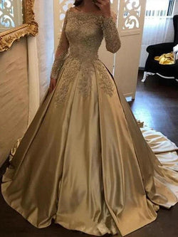 Ball Gown Long Sleeves Off-the-Shoulder Applique Satin Prom Dresses by misshow.com