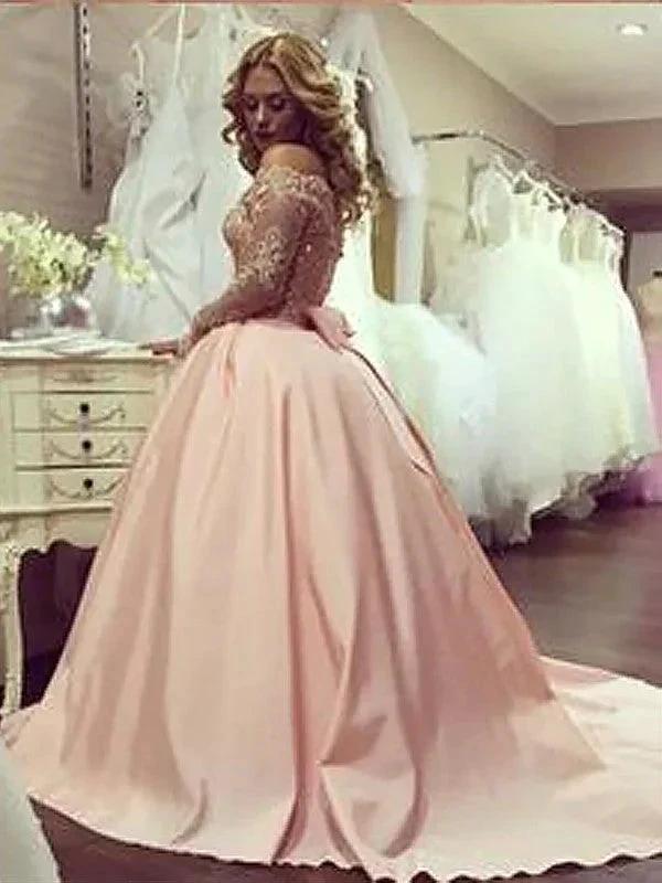 Ball Gown Long Sleeves Off-the-Shoulder Beading Satin Court Train Prom Dresses by misshow.com