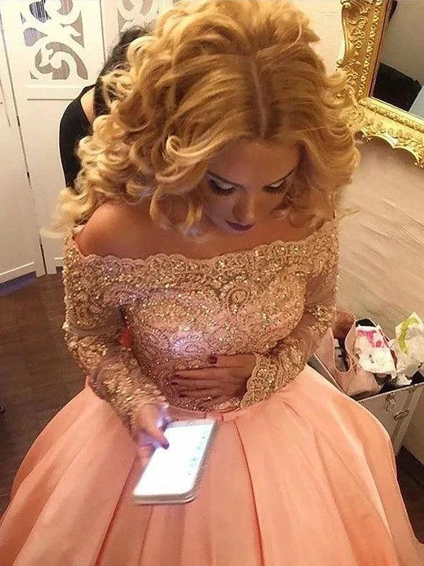 Ball Gown Long Sleeves Off-the-Shoulder Beading Satin Court Train Prom Dresses by misshow.com