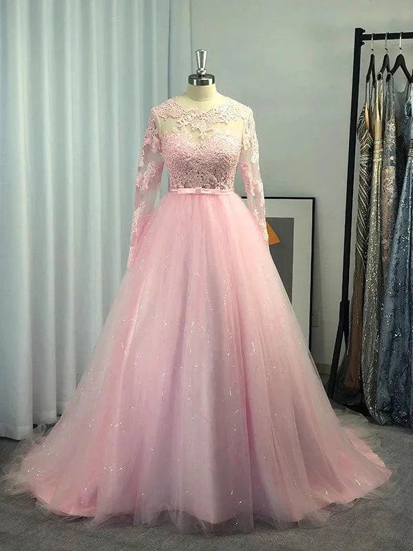 Ball Gown Long Sleeves Tulle Lace Jewel Prom Dresses by misshow.com