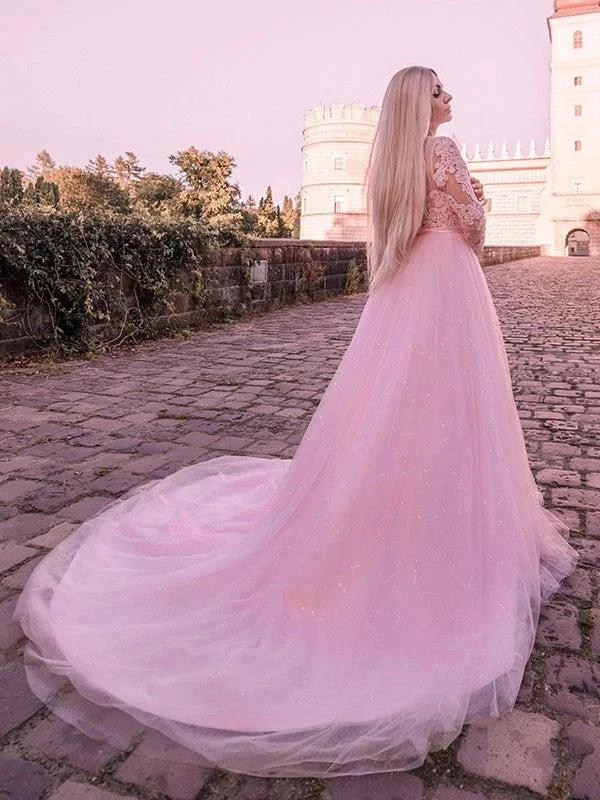 Ball Gown Long Sleeves Tulle Lace Jewel Prom Dresses by misshow.com