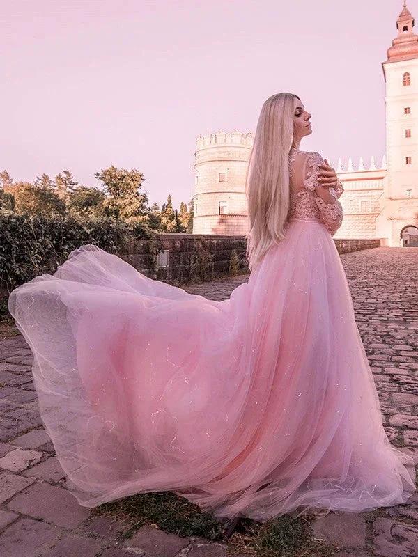 Ball Gown Long Sleeves Tulle Lace Jewel Prom Dresses by misshow.com