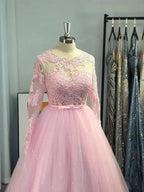 Ball Gown Long Sleeves Tulle Lace Jewel Prom Dresses by misshow.com