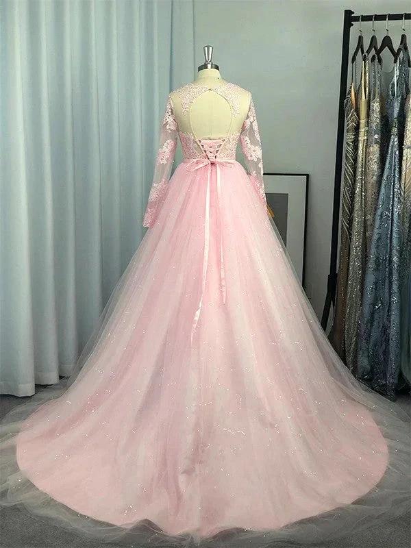 Ball Gown Long Sleeves Tulle Lace Jewel Prom Dresses by misshow.com