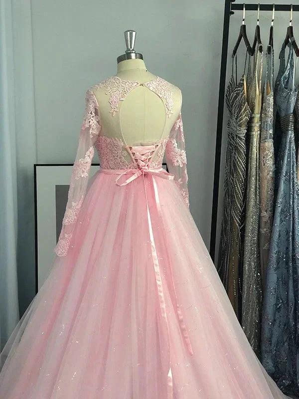Ball Gown Long Sleeves Tulle Lace Jewel Prom Dresses by misshow.com