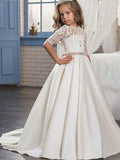 Ball Gown Matte Satin Jewel Neck Sweep Brush Train Wedding Birthday Pageant F… - photo 1