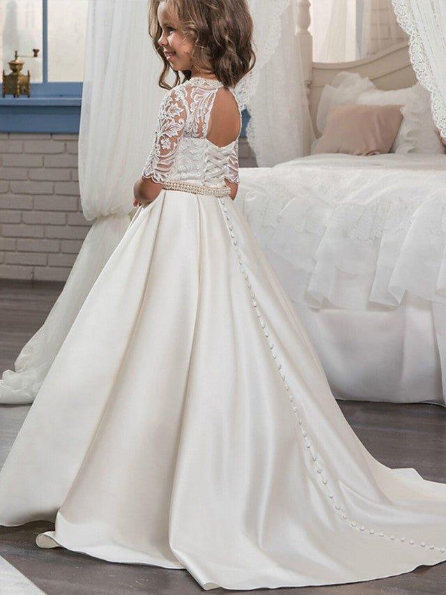Ball Gown Matte Satin Jewel Neck Sweep Brush Train Wedding Birthday Pageant F… - photo 3