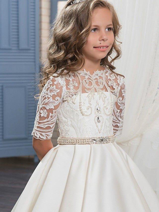 Ball Gown Matte Satin Jewel Neck Sweep Brush Train Wedding Birthday Pageant F… - photo 4