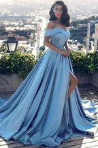 Ball Gown Off-shoulder Floor Length Blue Prom Dresses by misshow.com