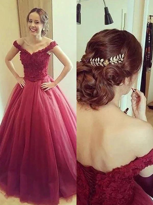 Ball Gown Off-the-Shoulder Applique Sleeveless Floor-Length Tulle Prom Dresses by misshow.com