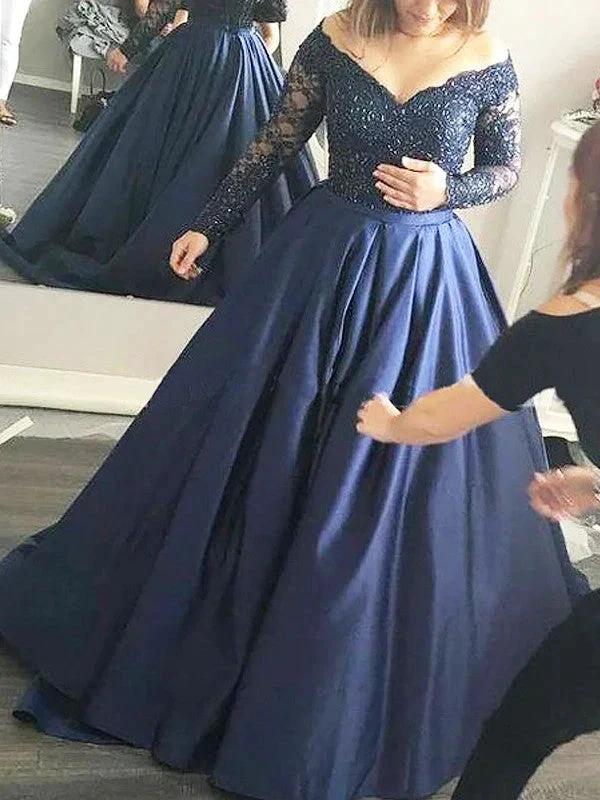 Ball Gown Off-the-Shoulder Long Sleeves Beading Satin Prom Dresses by misshow.com