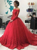 Ball Gown Off-the-Shoulder Long Sleeves Lace Tulle Court Train Prom Dresses by misshow.com