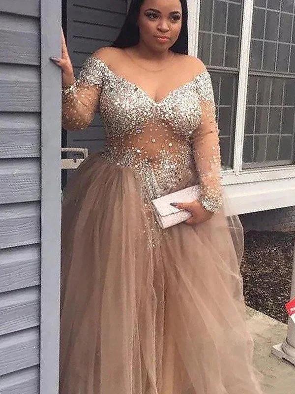 Ball Gown Off-the-Shoulder Long Sleeves Sequin Tulle Floor-Length Prom Dresses by misshow.com